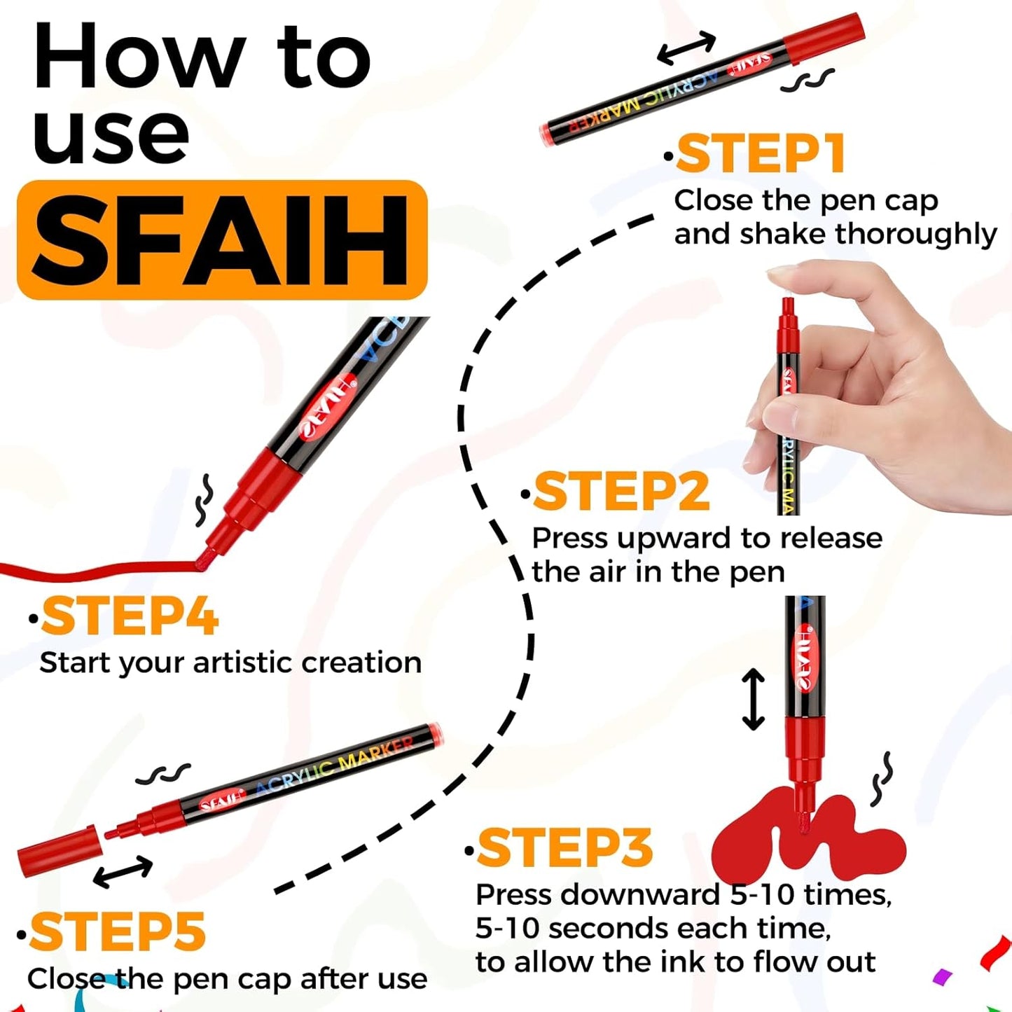 SFAIH 48 Vibrant Acrylic Paint Markers - [Ultra High Coverage]1-2mm Fine Tip Pen for Any Surface, Halloween Decorations, Pumpkin Painting, Paper Rock Fabric Wood, Non-Bleeding Permanent Ink, Non-Toxic