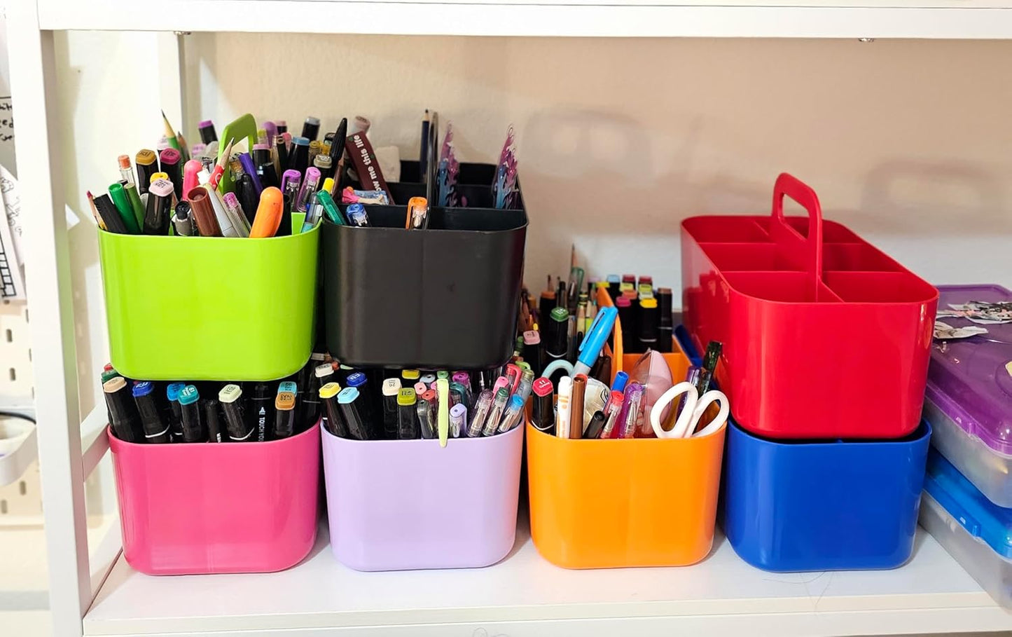 2 Pack Small 6 Compartment Multiuse Caddy Organizer with Handle Art Craft Supplies, Office, Desk, Stationery Pen Holder Stackable- Made In USA (Red)