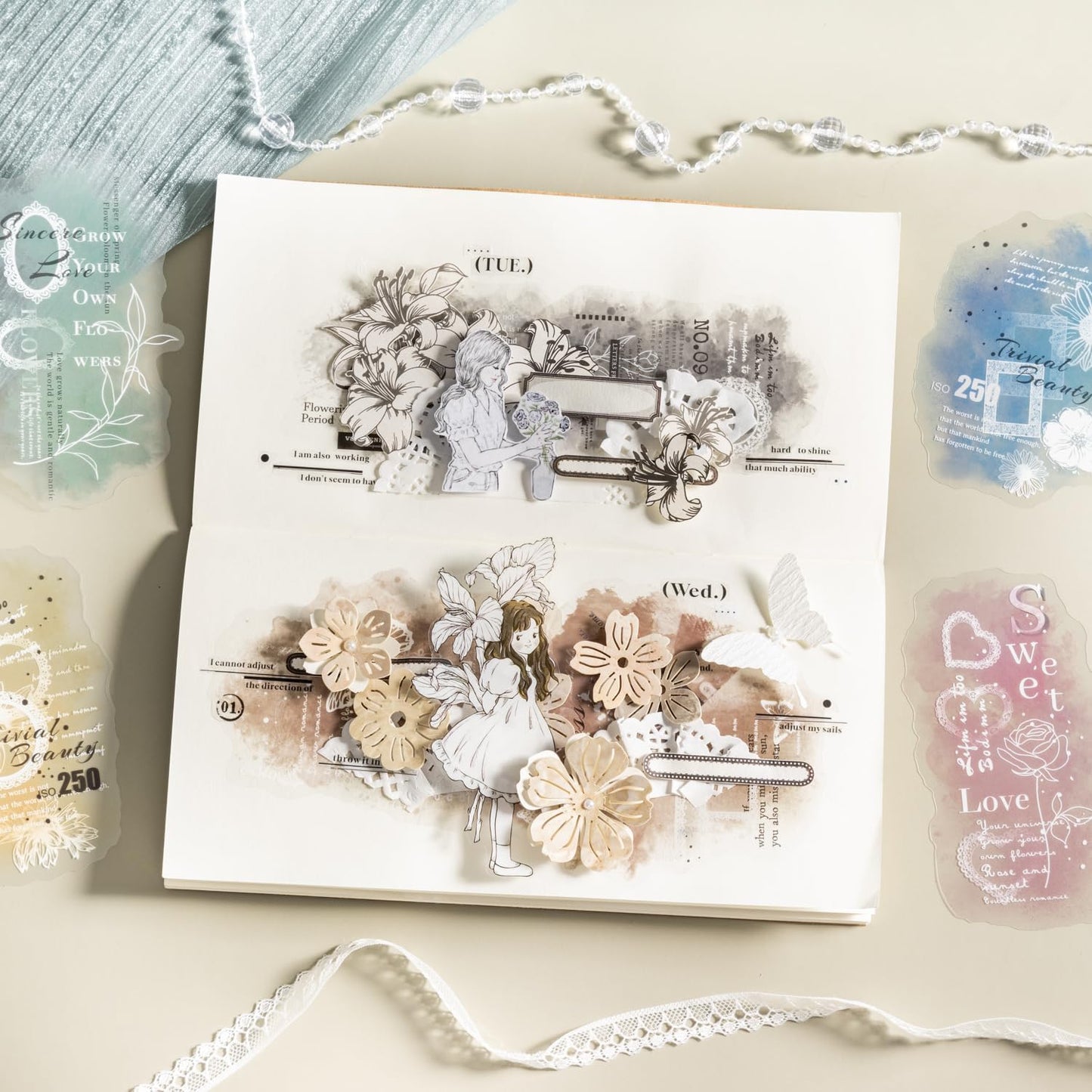 Lace PET Stickers, 60 PCS Vintage Ephemera for Scrapbooking, Journaling, Crafting, DIY Projects, and Art Supplies