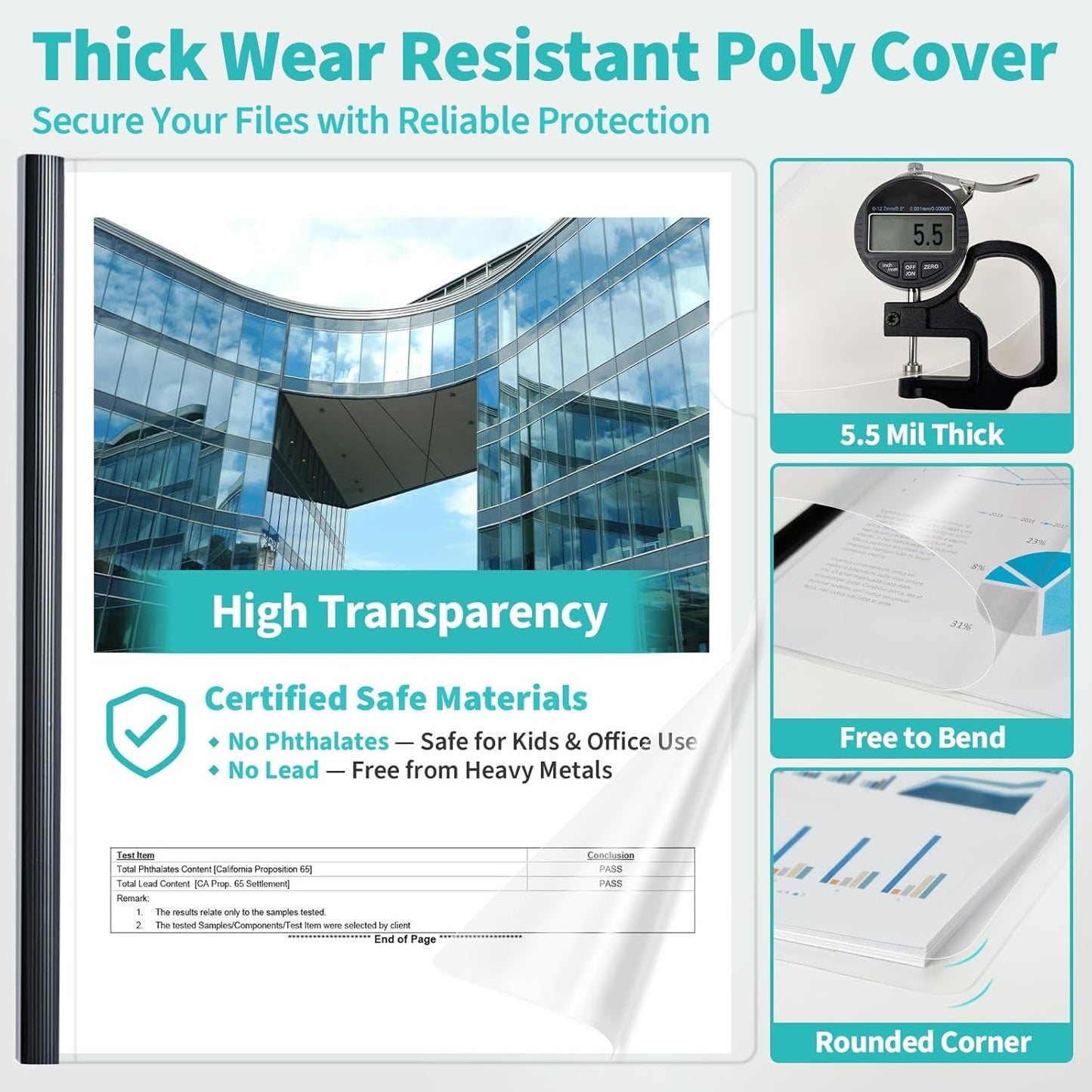 Binditek 12 Pack Clear Report Covers with Sliding Bars, 9mm Sliding Bar File Folder, 70 Sheet Capacity, Letter Size, Multi Color (White, Yellow, Red, Green, Navy, Black), Office Supplies