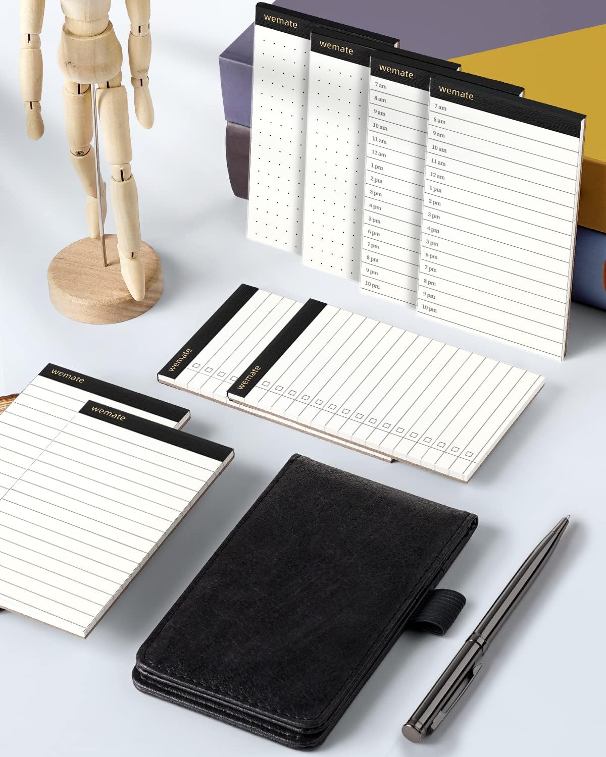 WEMATE 10 Pieces Notepad Holder Set Pocket Notebook - Included Mini Pocket Notepad Holder Set with 8 Memo Book Refills and Metal Pen for Meetings, Daily Records, and Notes 3 x 5 Inch (Brown)