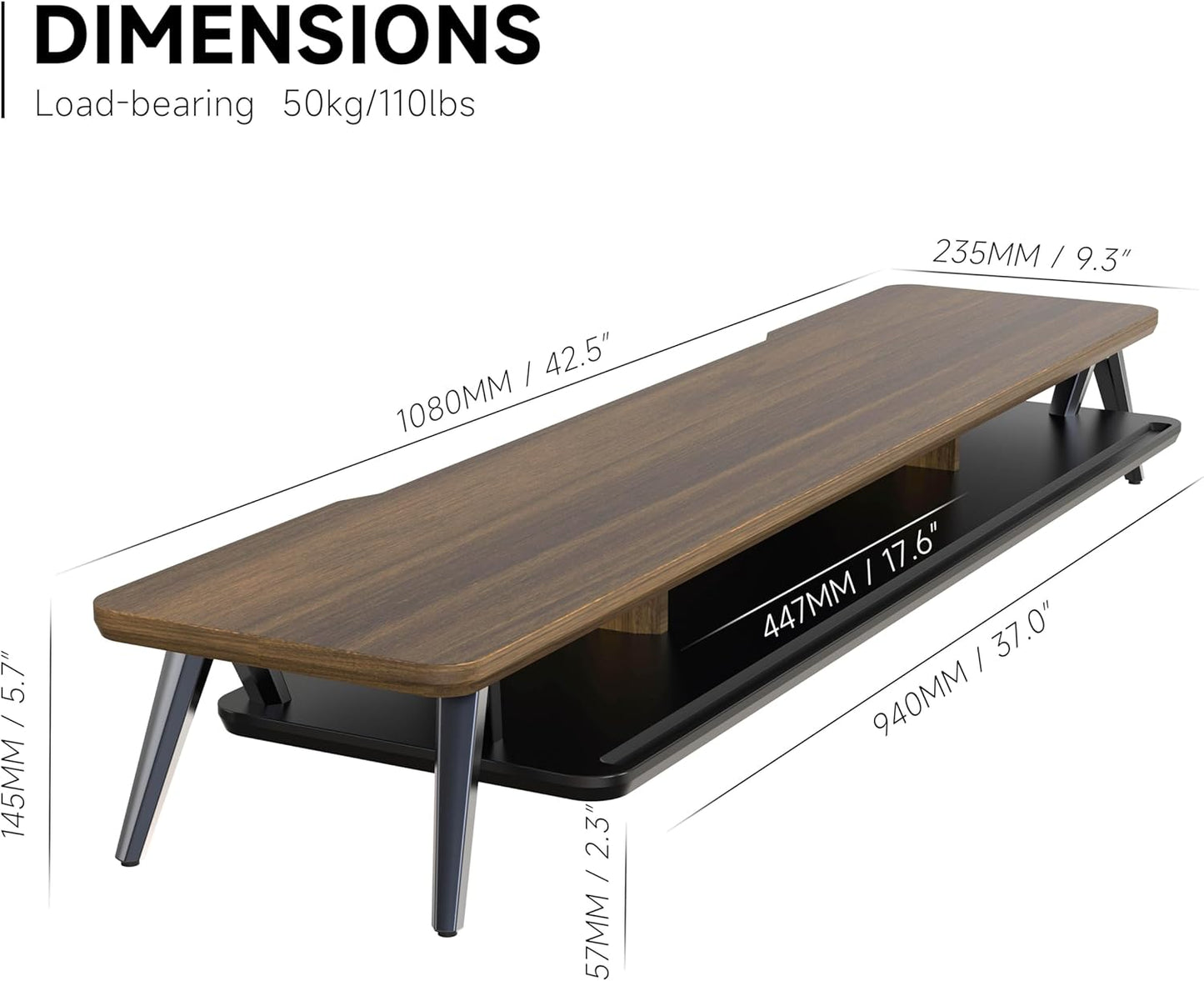 Fenge Dual Monitor Stand, Monitor Stands Riser for 2 monitors, 42.5 Inch Wood Desk Shelf with Storage Organizer and Cable Management for Office Desk Accessories