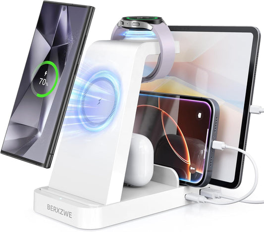 Wireless Charger for Samsung, 5 in 1 Wireless Charging Station for Samsung, Charger Dock Stand for Galaxy Watch Ultra 7 6 5 4 3, Galaxy S25 S24 Ultra S23 S22 S21, Note 20 10 Z Fold Buds, White