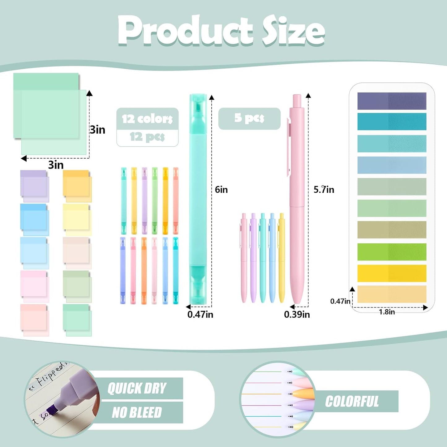 Jutom 38 Pcs Book Annotation Kit Aesthetic Highlighters Gel Pens Set Sticky Notes Tabs Markers Dual Ended Highlighter Quick Dry Ink Pens for Office Annotating Books(Bright Color,Square)