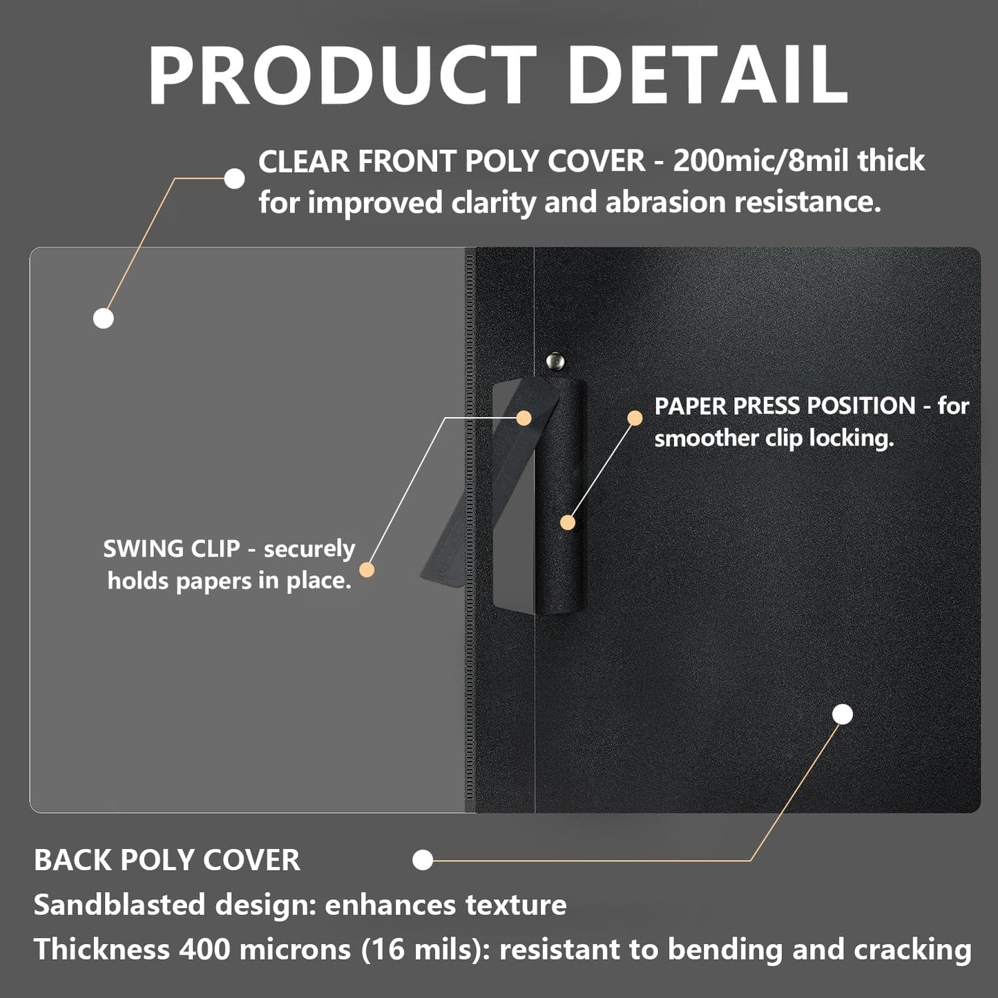 TOTiyea 10 Pack Clear Report Covers with Swing Clip, File Folder with Swing Clip, 30 Sheets Capacity, Slide Locking Report Covers, Letter Size (Black, 10 Pack)