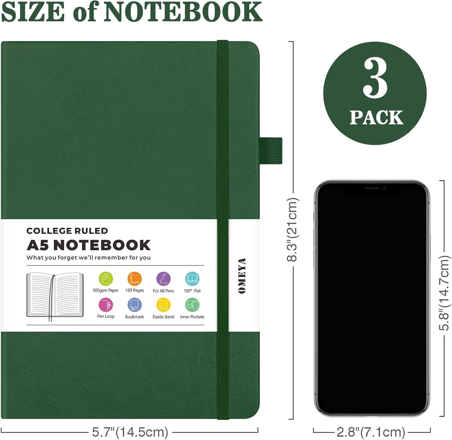 Lined Journal Notebook, 3 Pack A5 College Ruled Notebooks for Work, Hardcover Notebook Each with 2 Pockets & Pen, Leather Journal for Women, Men, 160 Pages, 100GSM Thick Paper (Blue, Black, Green)
