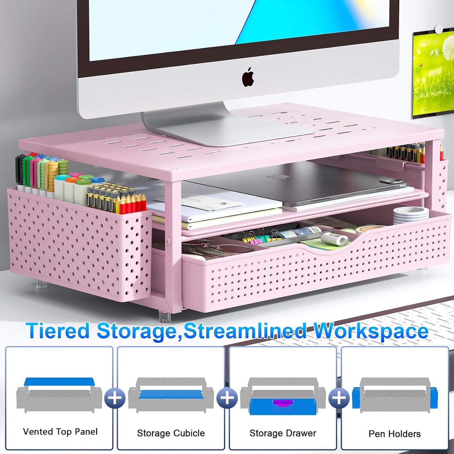 gianotter Desk Organizers and Accessories, Monitor Stand with Drawer and 2 Pen Holder, Desktop Organizer Suitable for Offices and Dormitories (Pink)