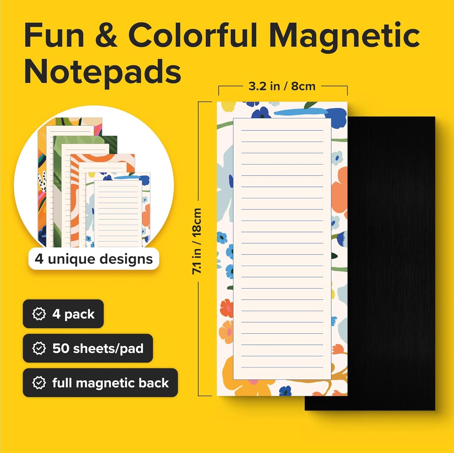 X-bet MAGNET Magnetic Notepads for fridge 200 sheets, grocery list pad for fridge, double gummed paper with color printing, magnetic shopping list pad for fridge (4 pack 50 sheets)