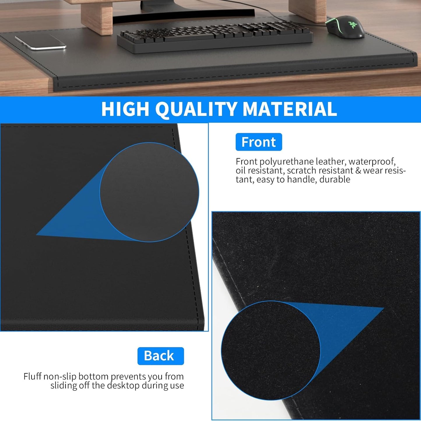 AKOZLIN 27.55”x 18.9" Soft PU Leather Surface Office Desk Mouse Mat Anti-Push Pad with Full Grip Fixation Lip Table Blotter Edge-Locked Protector