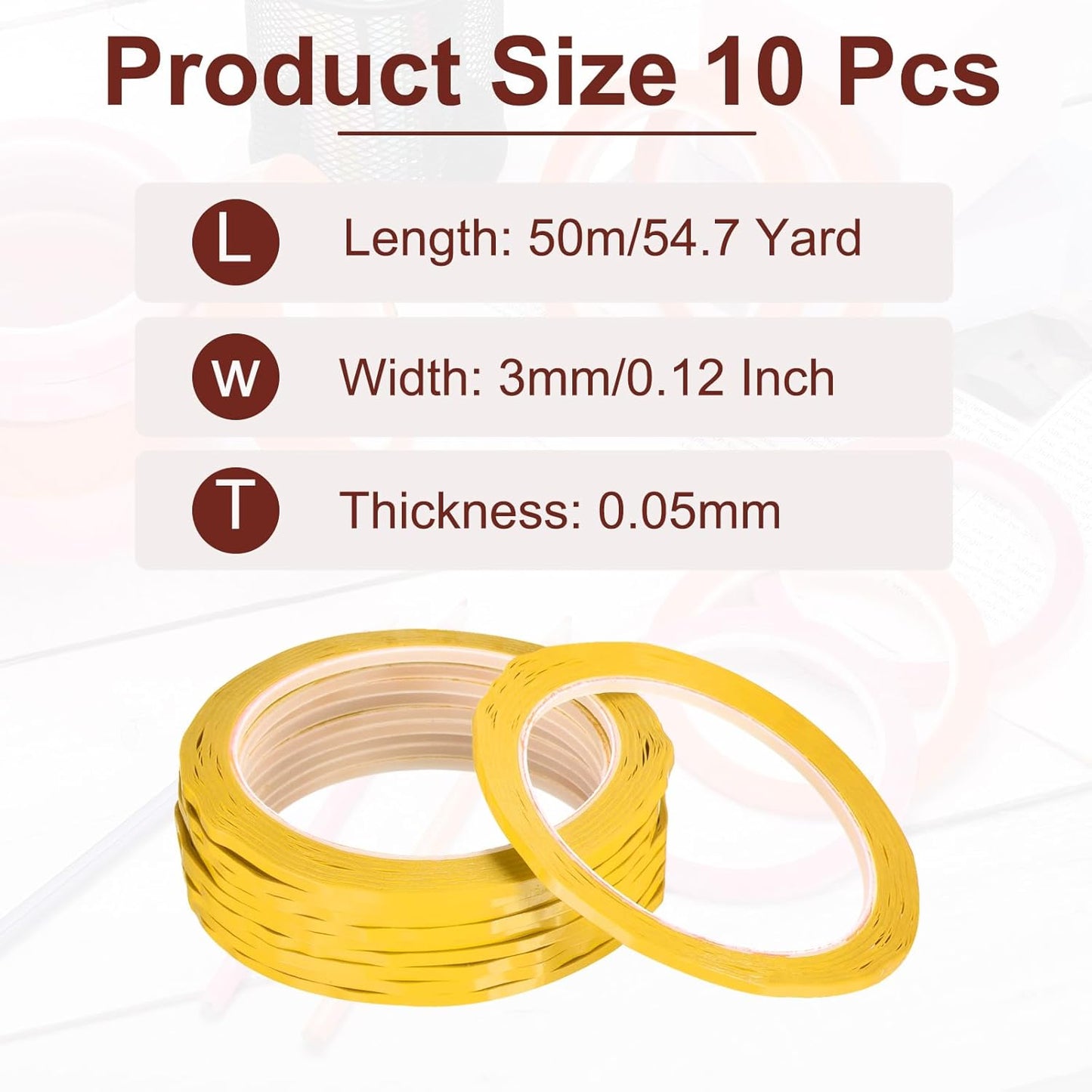 MECCANIXITY 10 Rolls Whiteboard Tape Graphic Chart Tape 3mm 54.7 Yard Art Tape Thin Self-Adhesive Pinstripe Tape Masking Tape for Gift Wrapping Craft Supplies, Yellow