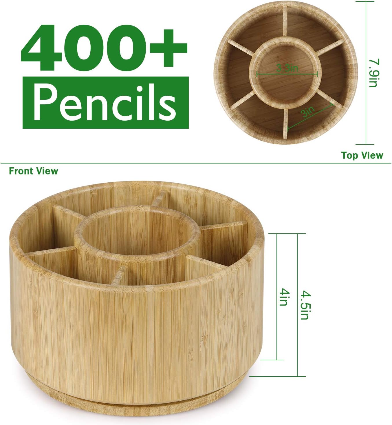 Bamboo Rotating Pencil Holder for Desk - Pen Holder Desk Organizer with 7 Compartments, Office Supplies Desktop Storage Caddy for Colored Pencils, Markers, Crayon, Comestics and Cutlery etc.