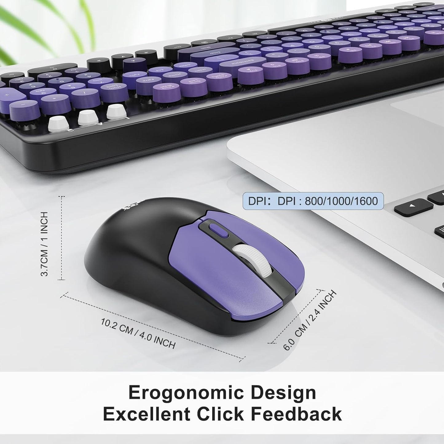 FOPETT Wireless Keyboard and Mouse Combo, 104 Keys Full-Sized 2.4 GHz Round Keycap Colorful Keyboards, USB Receiver Plug and Play, for Windows, Mac, PC, Laptop, Desktop (Black Purple)