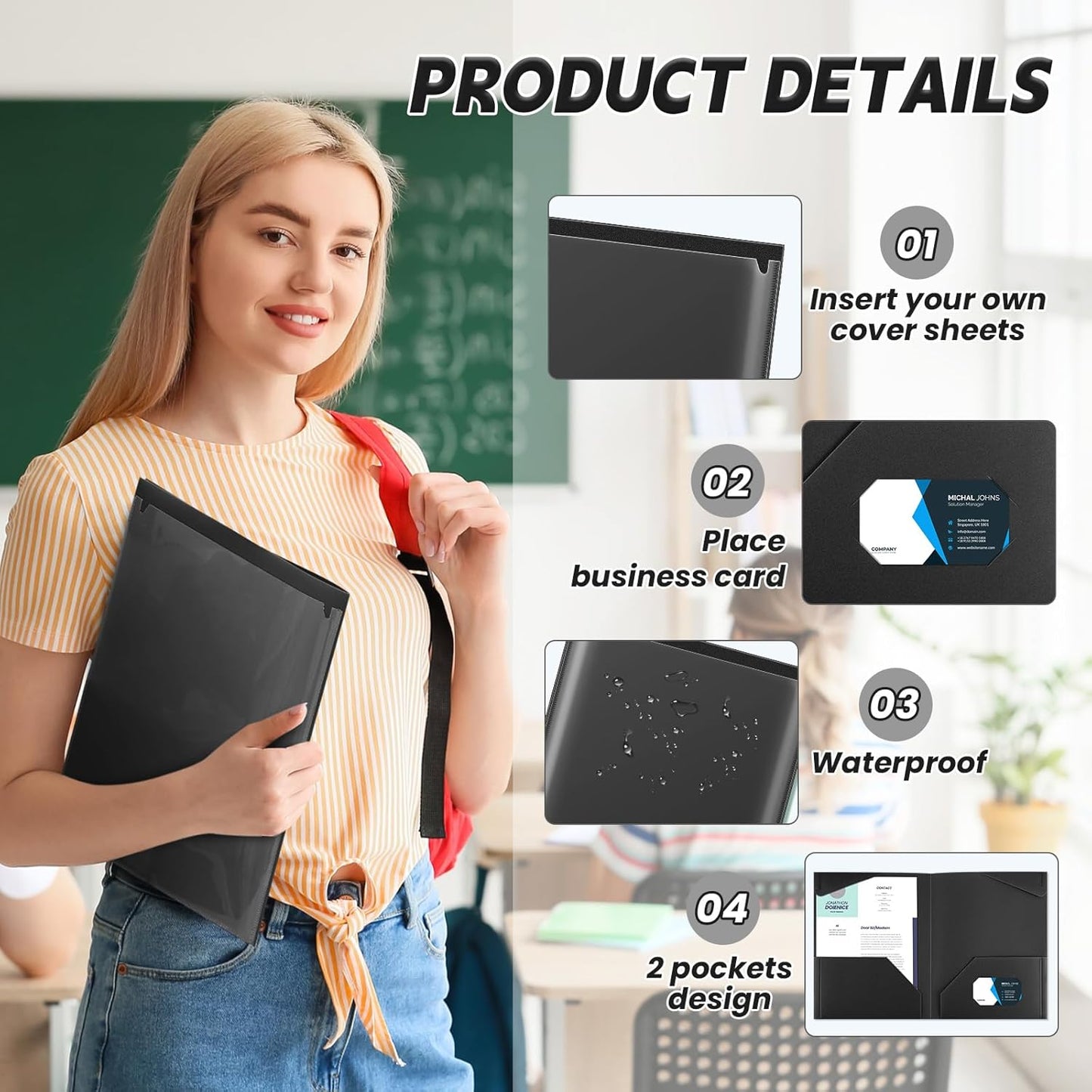 Henoyso 200 Pcs Plastic Folders with Clear Front Pockets Bulk Heavy Duty File Folders with 2 Pockets and Card Slot for Student Teacher Back to School Supplies Office Presentation (Black)