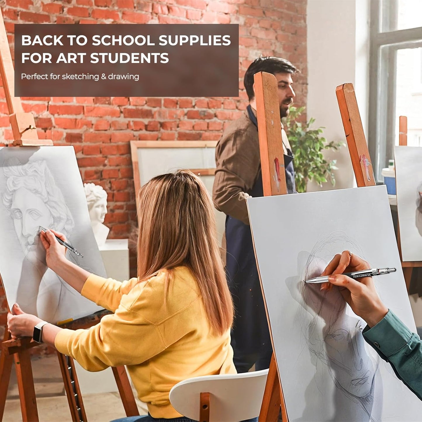 Four Candies 3PCS 2MM Mechanical Pencils with case, Artist Led Pencil Metal Lead Holder with 120 Graphite Lead Refills(HB 2H 2B 4B Color), 4 Erasers, Sharpener, Drafting Pencil for Drawing, Sketching