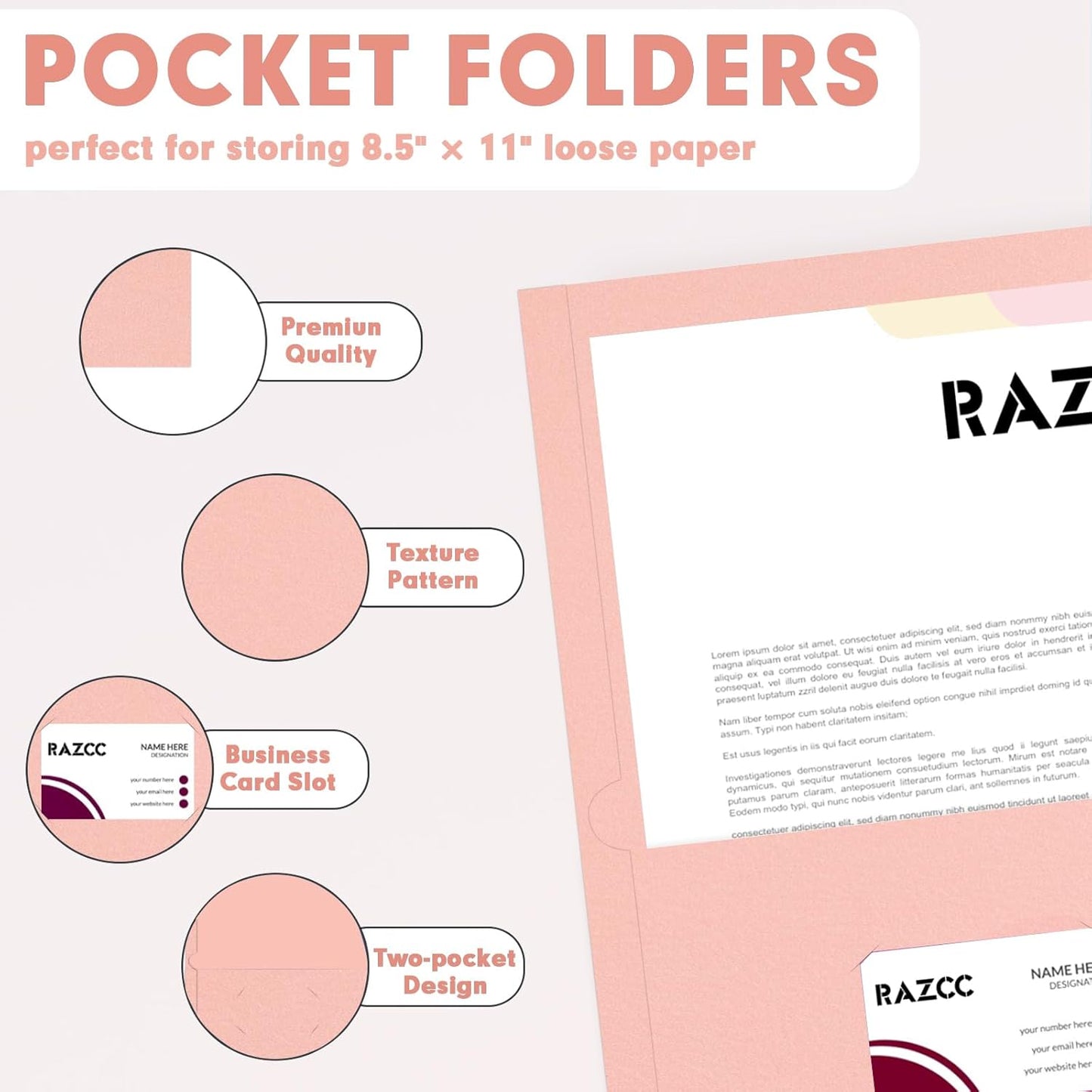 Two Pocket Folders, RAZCC 50 Pack 2 Pocket Folders Fit Letter Size Paper, Paper Folders with Pockets for School Office Business Home (Pink)