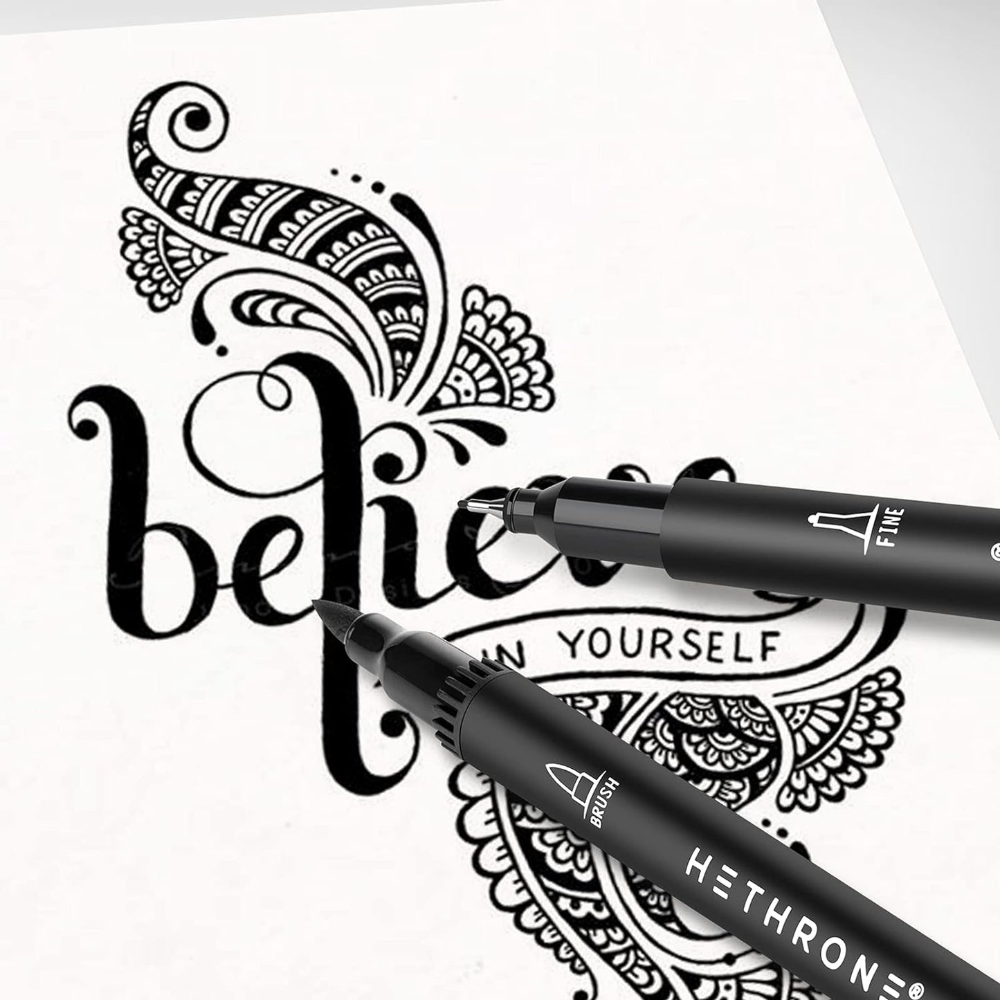 Hethrone Black Markers for Drawing - Brush Pens with Felt Tips for Artists - Calligraphy Pens, 12 Pack