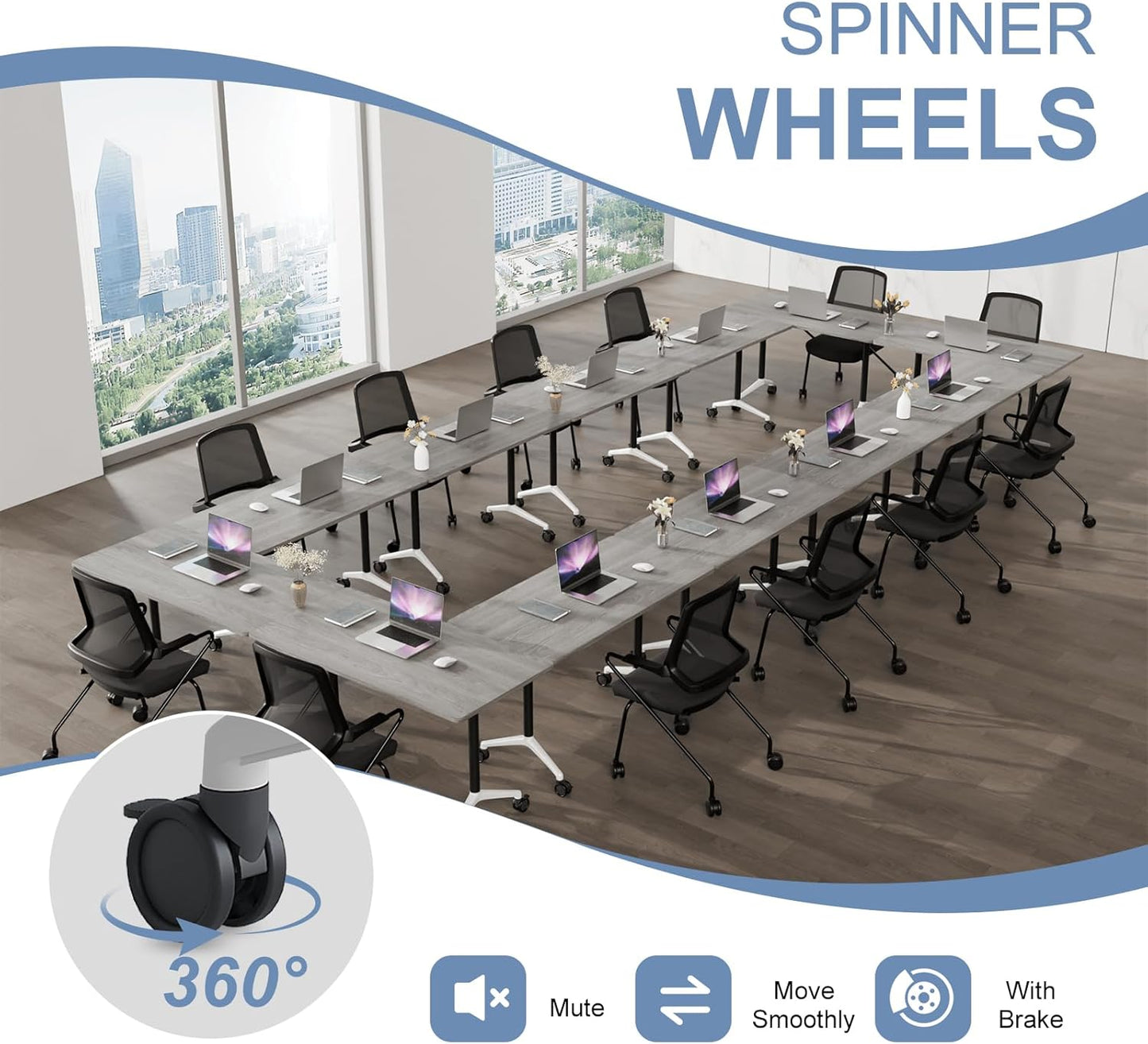 Folding Conference Table, Mobile Training Table for Office Conference, Modern Modular Rectangular Work Desk Meeting Seminar Work Tables with Caster Wheels, Large Breakroom Tables (6Pack L55.1in)