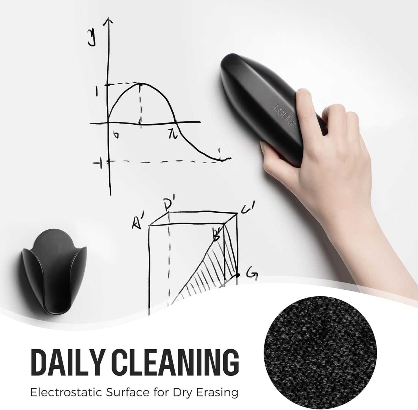 loukin Replaceable Dry Erase Eraser, Double-Sided Whiteboard Eraser with Magnetic Holder, Precision-Point Glass Board Wiper for Classroom, Home and Office (Whiteboard Cleaner Included), Black