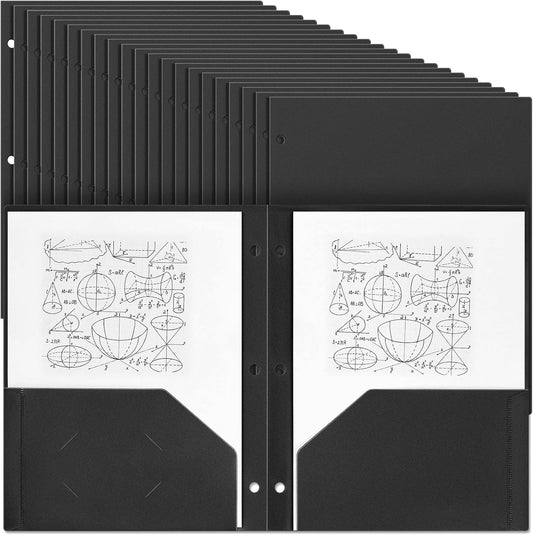 Yeaqee 100 Pcs Plastic Folders with Pockets Bulk 3 Hole Punched 2 Pocket File Folders for 3 Ring Binder Divider Folder for Notebooks, Durable Poly for Office Home (Black)