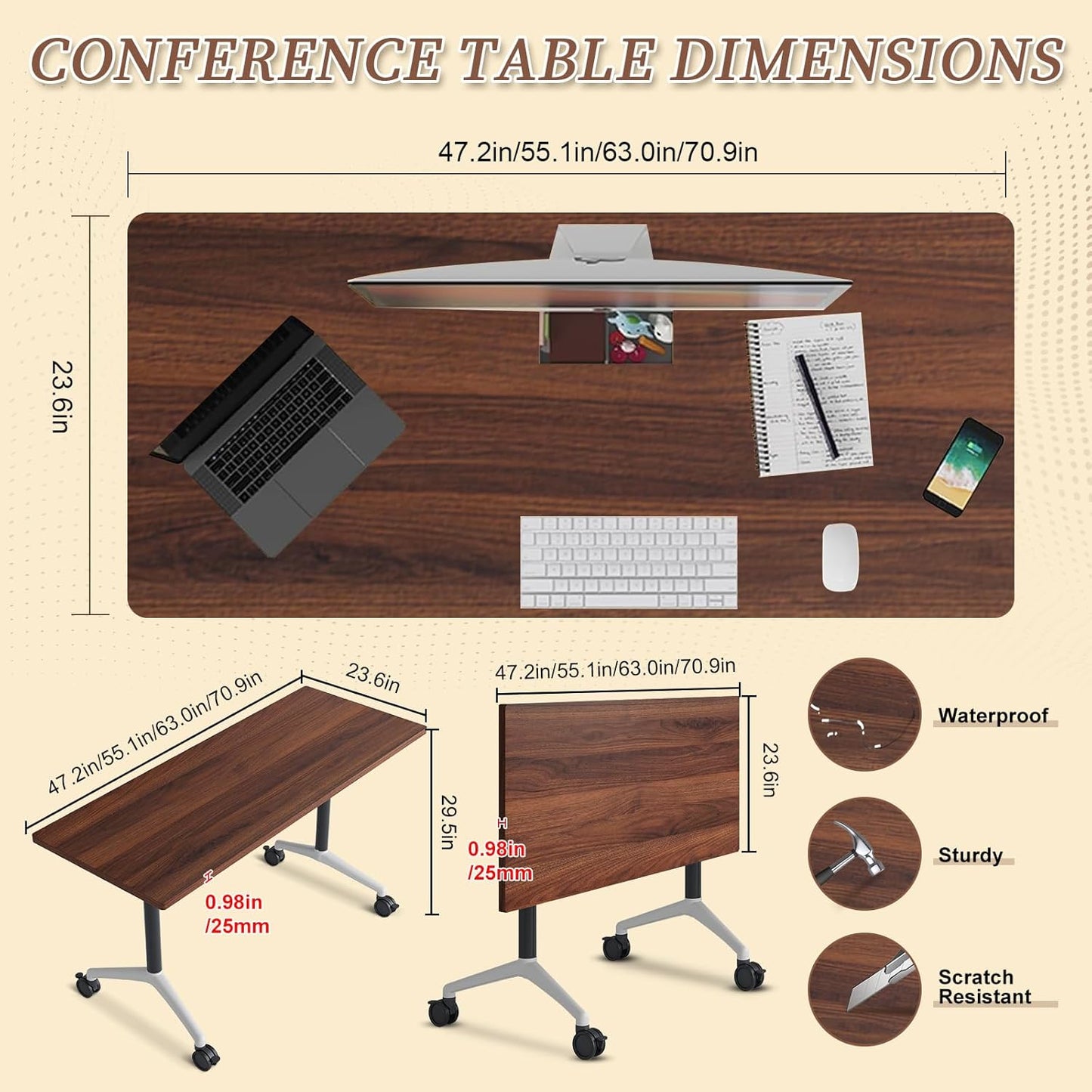 Folding Conference Room Table, Modern Conference Tables with Wheels, Large Rectangular Mobile Training Tables for Office Classroom, Foldable Modular Boardroom Seminar Table (8pack L63in)