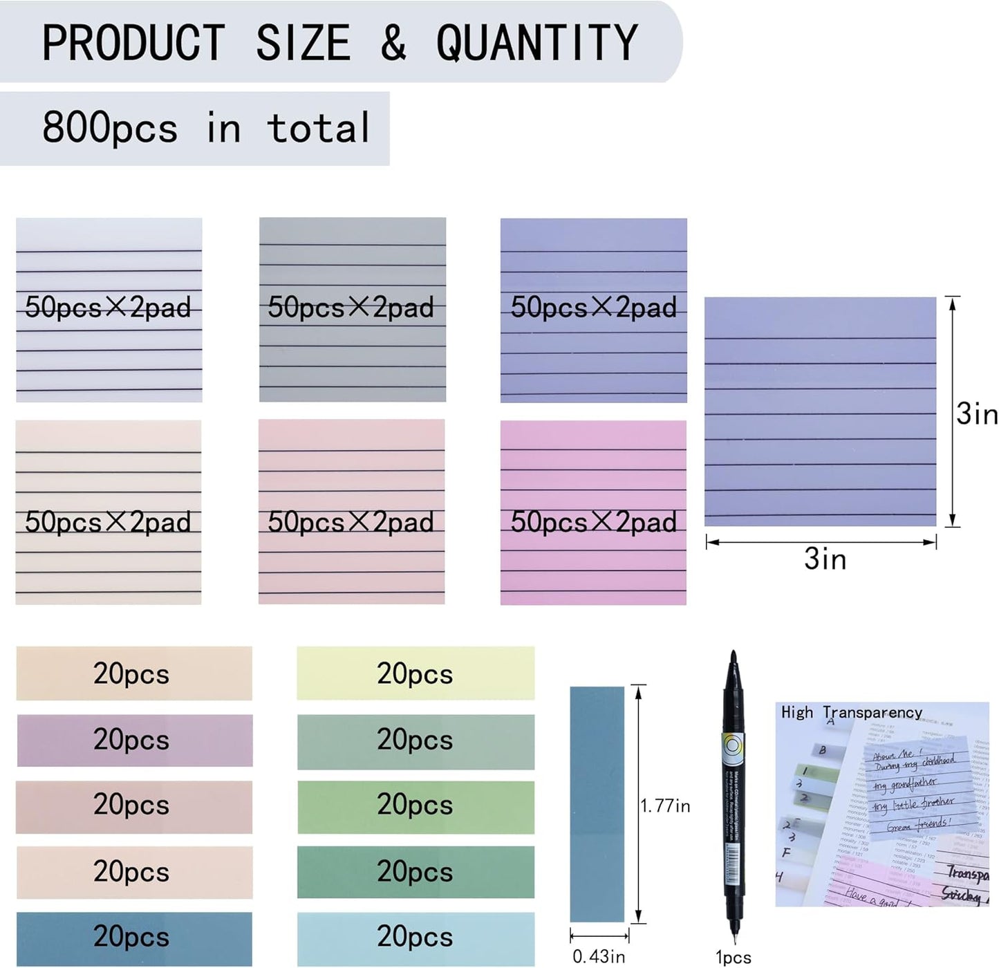 800Pcs Transparent Sticky Notes, 3"x3" Clear Sticky Notes with Lined, Waterproof Translucent Sticky Note Pads for Books Annotation, Clear Post it Notes for Bible Study, School, Office