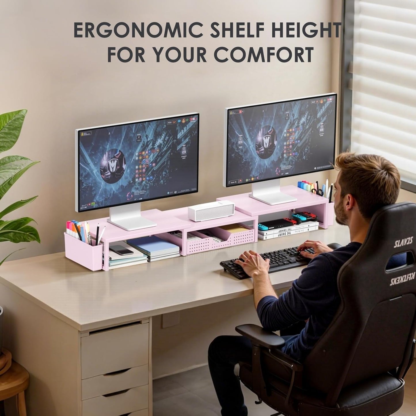 Pink Desk Organizers and Accessories for Women, Dual Computer Monitor Stand Riser with Drawer and 2 Pen Holders, Office Desk Accessories, Workspace Desktop Organization for Office Supplies