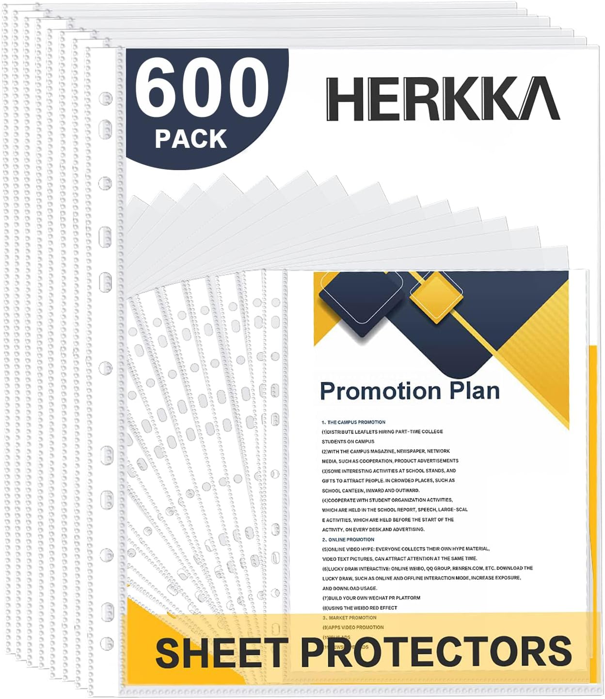 Sheet Protectors, HERKKA 600 Pack Upgrade Clear Plastic Page Protectors Sheet Reinforced 11-Hole Fit for 3 Ring Binder Fits Standard 8.5 x 11 Paper, 9.25 x 11.25 Top Loaded, Non-Acid
