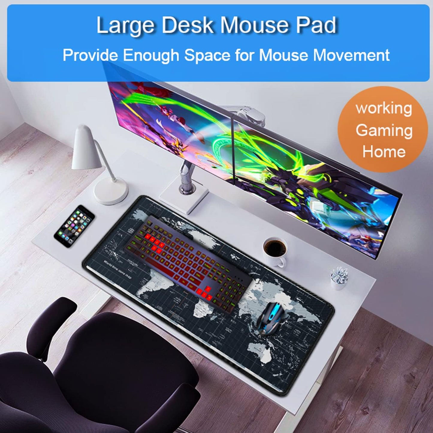 Large Gaming Mouse Pad with Stitched Edges, 31.5x15.7 in Extended Computer Keyboard Mouse Mat, Water Resist Non-Slip Mousepad Rubber Base Long XXL Desk Mousepad for Work & Gaming, Home, Map