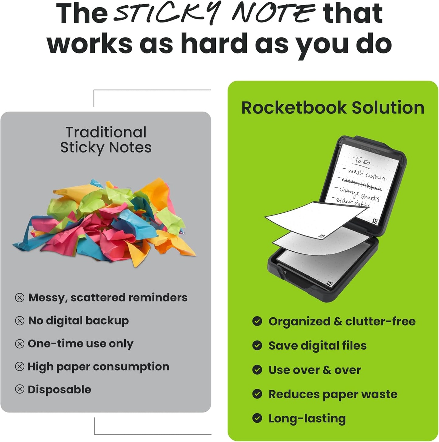 Rocketbook Reusable Sticky Notes Starter Pack with Storage Case, Pen, and Towel, 3"x3", 15 Black Notes - Dotted Paper, App-Connected, Erasable, Reusable Adhesive, Ideal for To-Do Lists