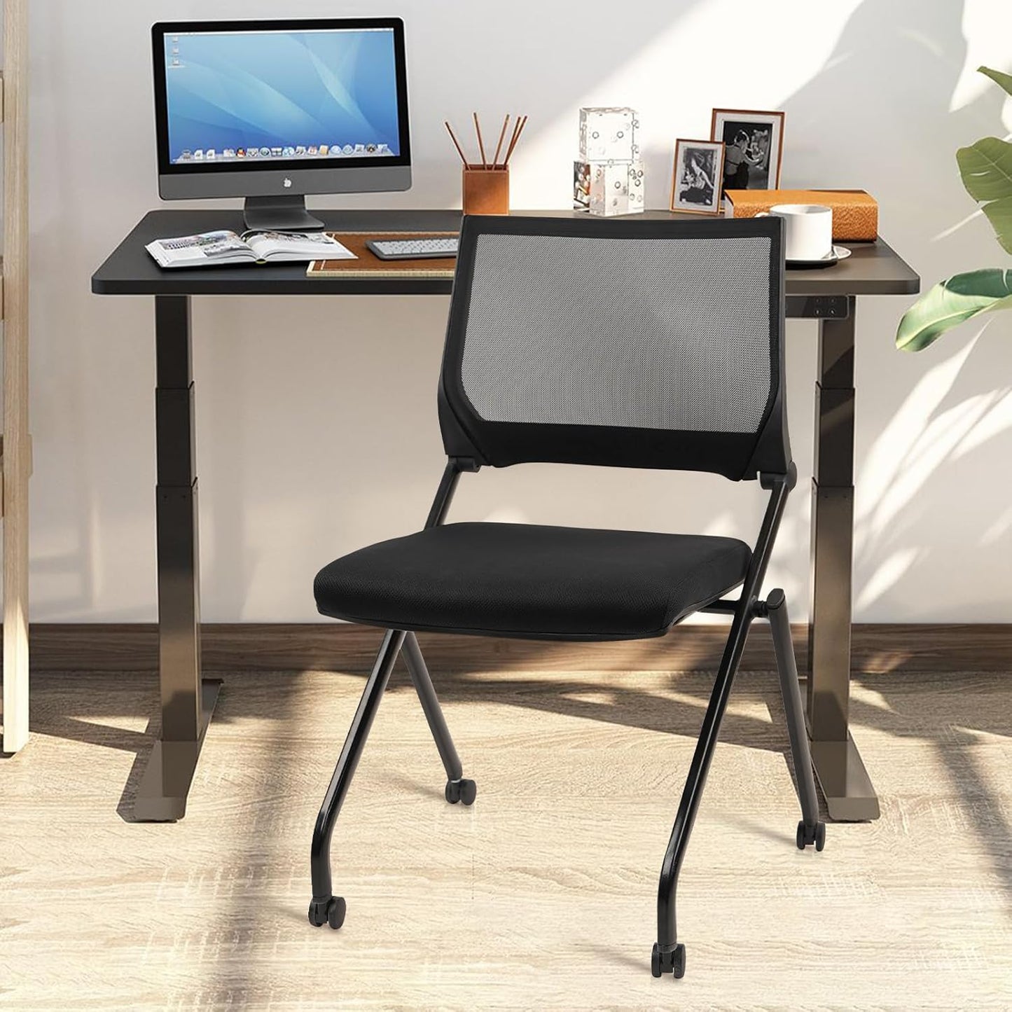 CLATINA Stackable & Foldable Conference Room Chairs, Waiting Room Chairs with Wheels & Lumbar Support, Ergonomic Mesh Bouncing Back Folding Chair for Office Meeting Schools Training Room, Black 10pk