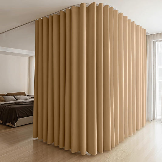 Room Divider Curtains & Flexible Bendable Tracks Set,Privacy Dividers Ceiling Track Curtain Window Blackout Curtains for Living Room Bedroom (W120 × H96 in 1 Panel Khaki Drape & White Rail)