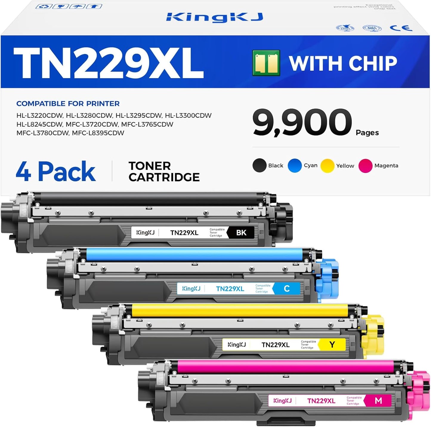 TN229XL Toner Cartridge Set 4-Pack Replacement for Brother TN-229XL TN229 XL Black MFC-L3720CDW MFC-L3780CDW HL-L3220CDW HL-L3280CDW HL-L3300CDW HL-L3295CDW L8245CDW MFC-L8395CDW L3765CDW Printer Ink