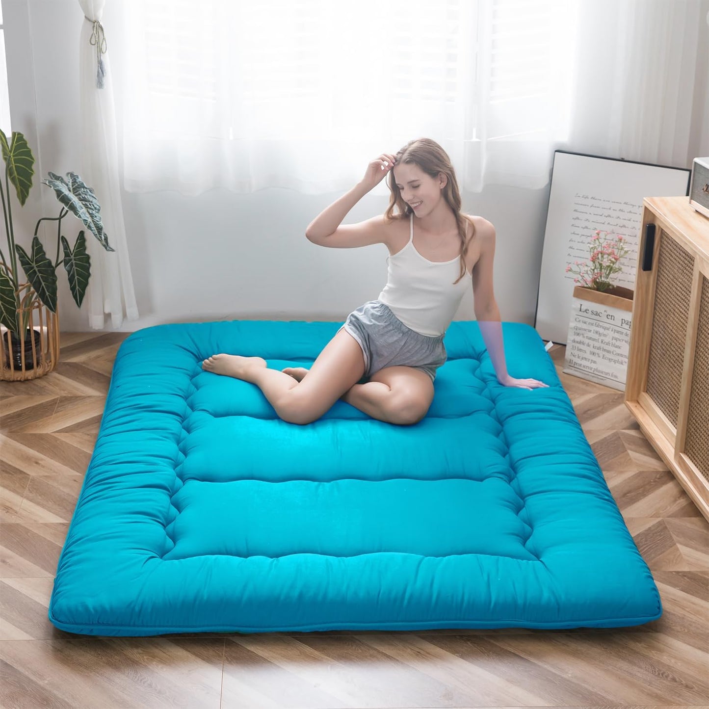 MAXYOYO Japanese Floor Mattress Futon Mattress, Thicken Tatami Mat Sleeping Pad Foldable Roll Up Mattress Boys Girls Dormitory Mattress Pad Kids Floor Lounger Bed Couches and Sofas, Turquoise, Queen
