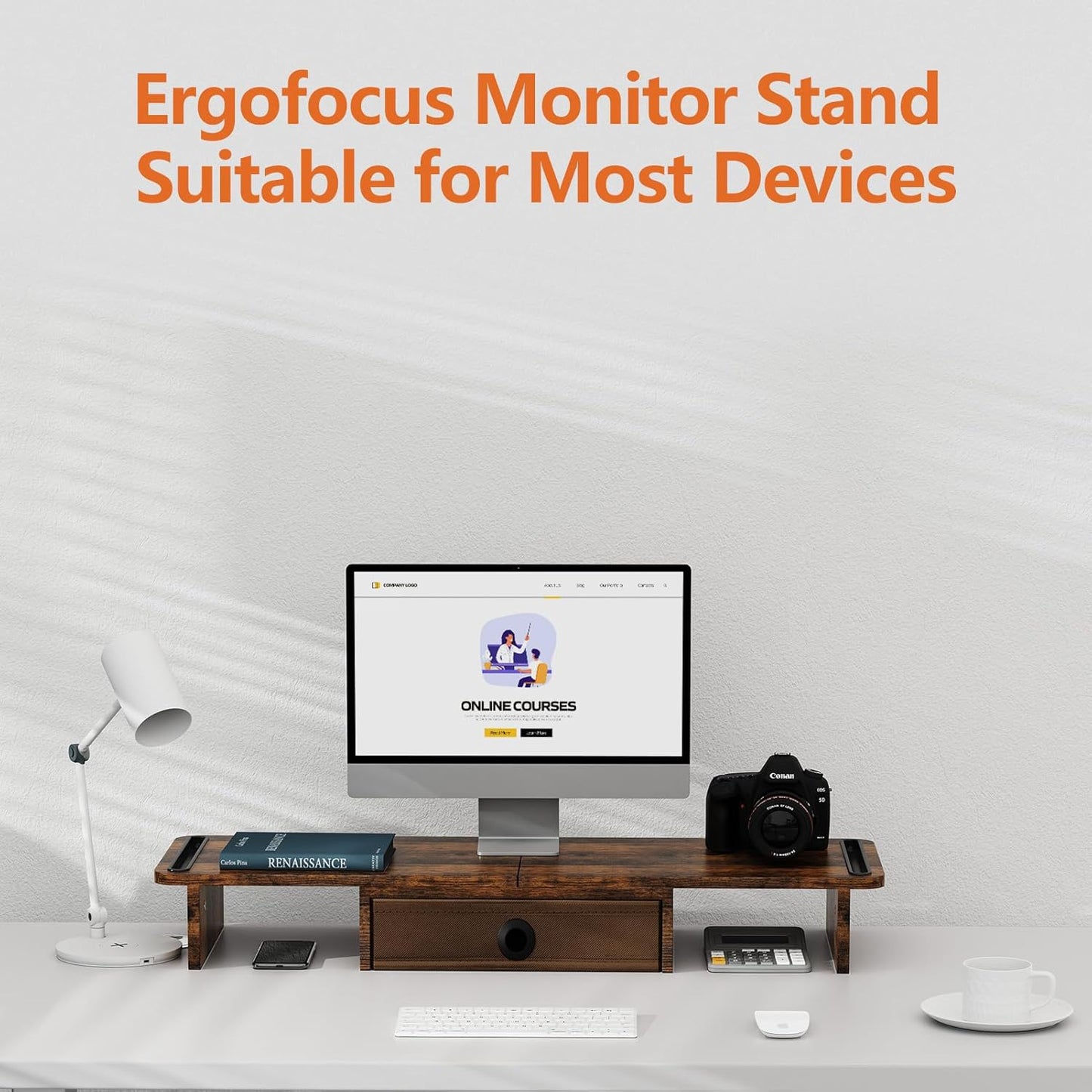 Dual Monitor Stand Riser with Drawer-Adjustable Length and Angle, Monitor Stand Riser for 2 Monitors, Desktop Organizer Stand for Computer/Laptop/PC/Printer (Rust Brown)