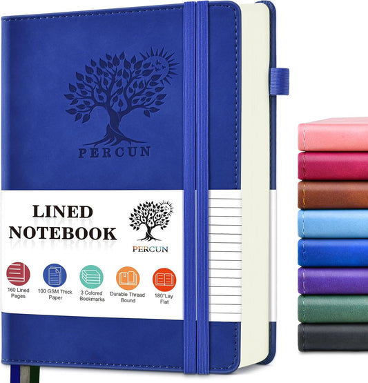 PERCUN Lined Journal Notebook for Men & Women, 160 Pages College Ruled Journal for Writing, A5 Hardcover Leather Notebooks for Work, School, Business, Travel, Daily Diary 5.9" x 8.5" - Navy