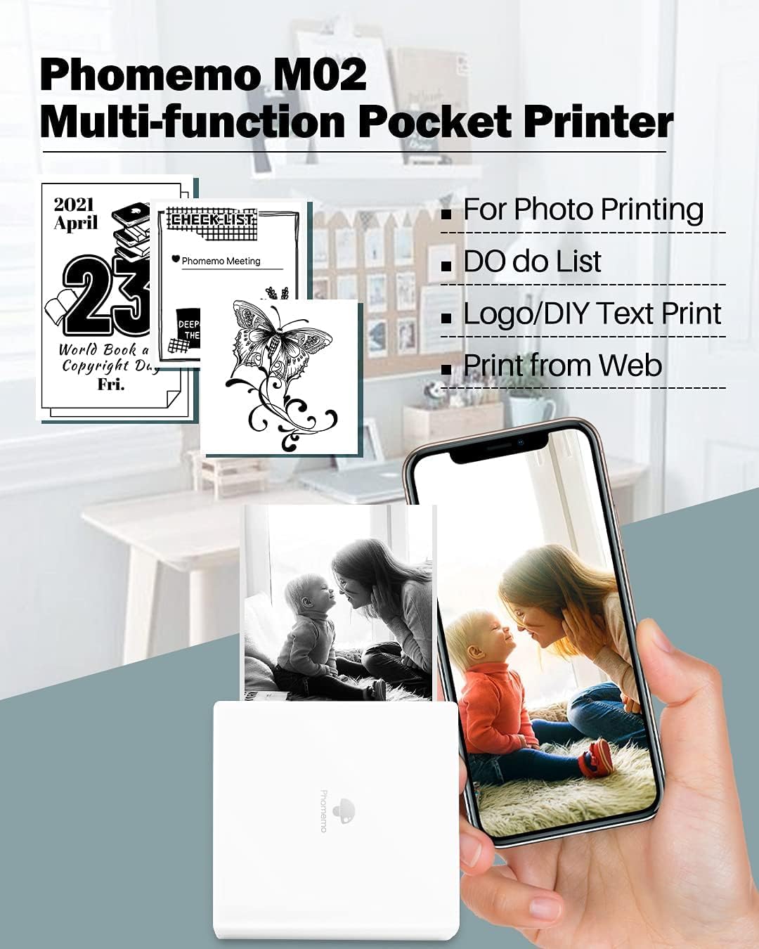 Phomemo Mini Sticker Printer- Mini Printer Sticker Maker Machine M02, Print Pods Suitable for Creative DIY, Diaries, Photos, Study Notes, Portable Thermal Inkless Label Maker for Home/Travel, White