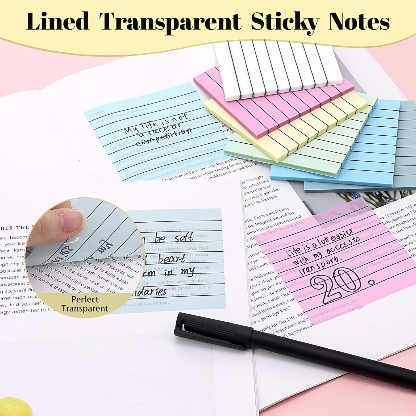 3x3 Inch Transparent Sticky Notes 300 Sheets, Clear Translucent Lined Self-Adhesive Memo See Through Reminder Pad for Office School Students Planners Journals Biblie Supplies (Lavender)