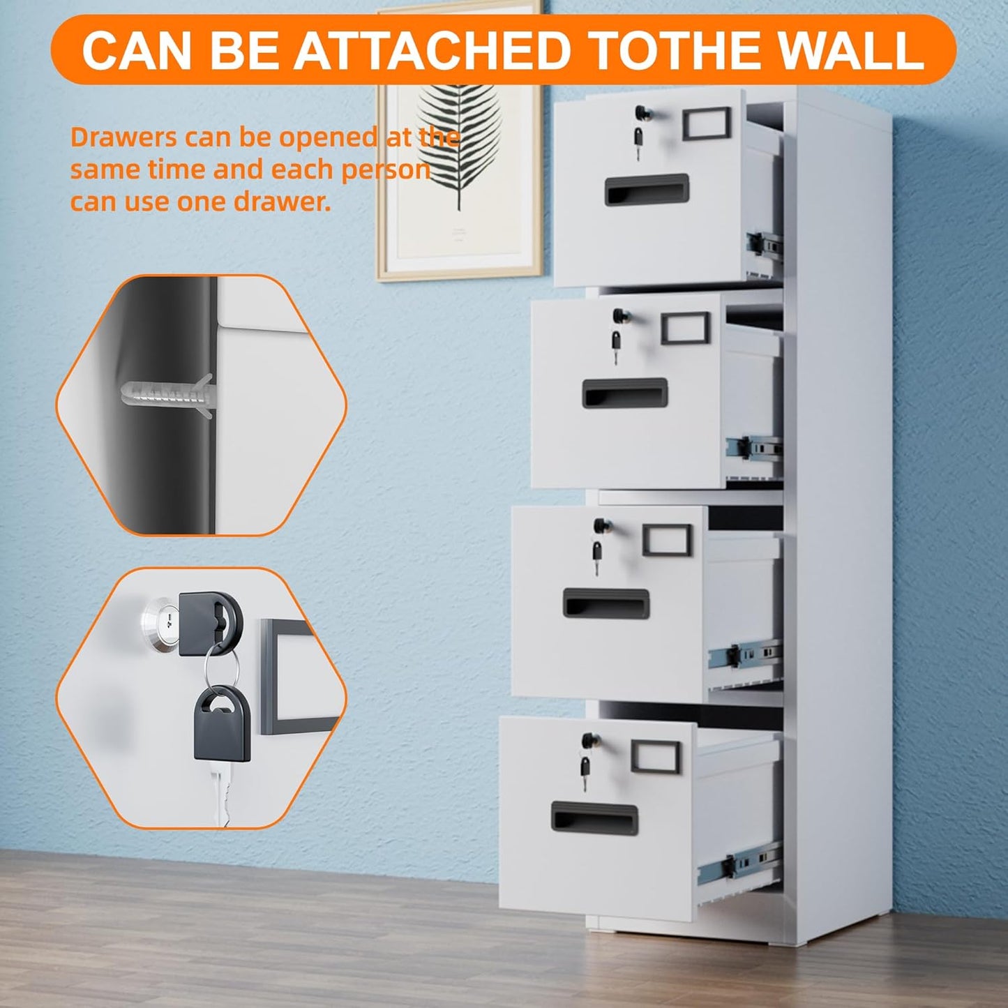 4 Drawer File Cabinet with 4 Independent Locks, Metal Vertical Filing Storage Cabinet for Home Office with Card Holder for Letter/Legal/A4 Folders, Assembly Required, 4 Drawers, White