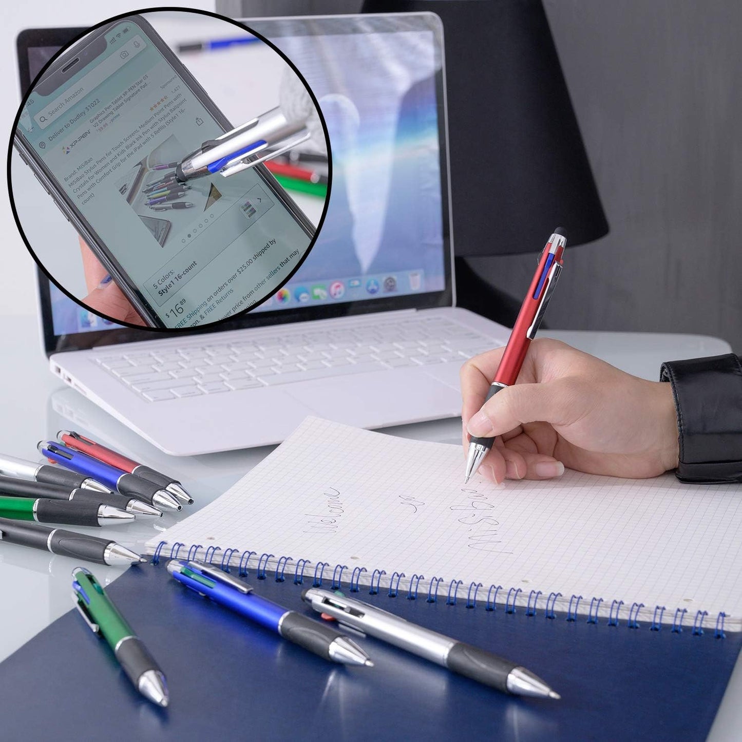 MiSiBao 4-Color Ballpoint Pen Multi Colored Pens in One Medium Point (1.0mm) Touch Screen Stylus, 5-Count