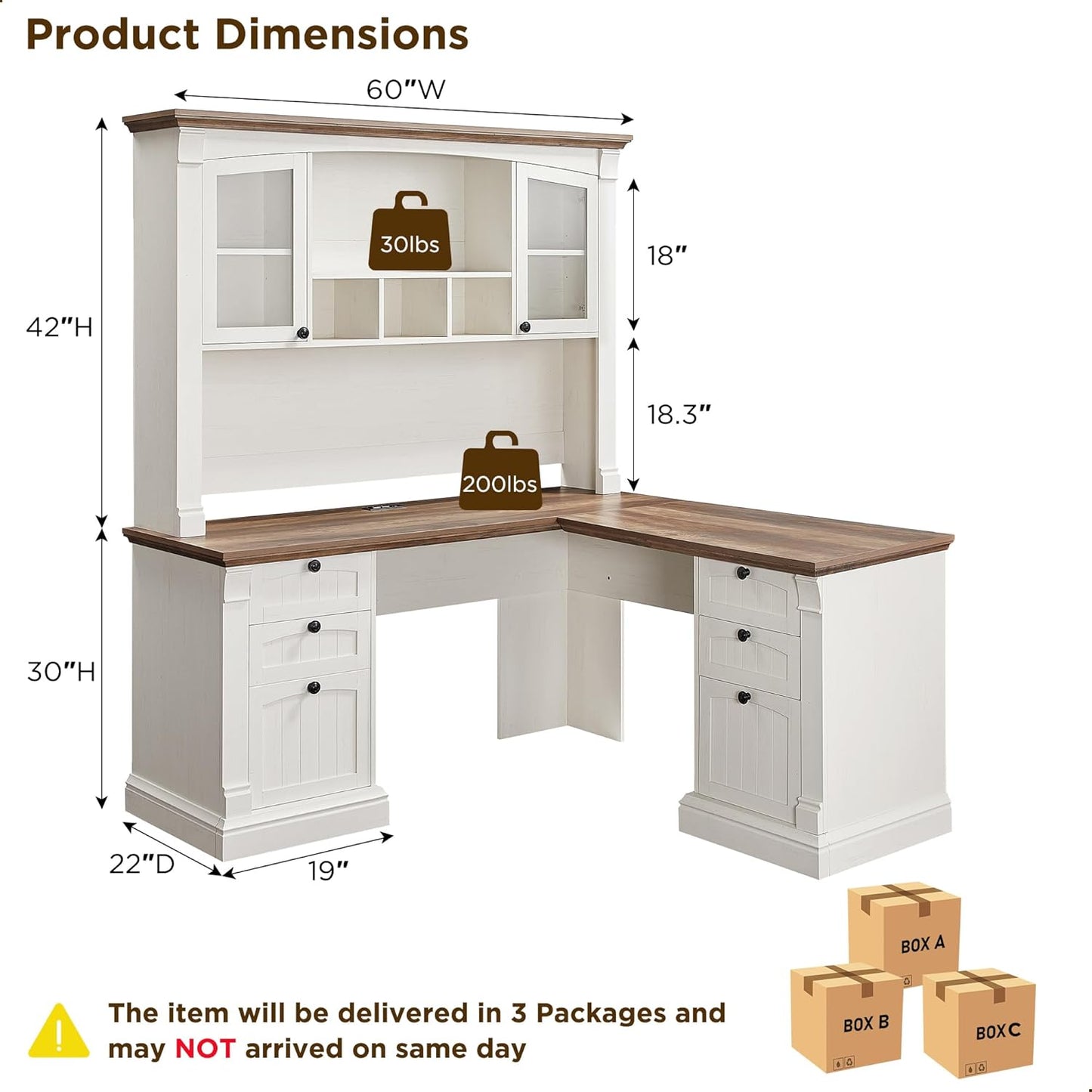 OKD 60" L Shaped Executive Desk with Hutch and Drawers, Farmhouse Home Office Desk with Charging Station, File Cabinet Storage, Wood Corner Computer Desk for Work and Study, Antique White