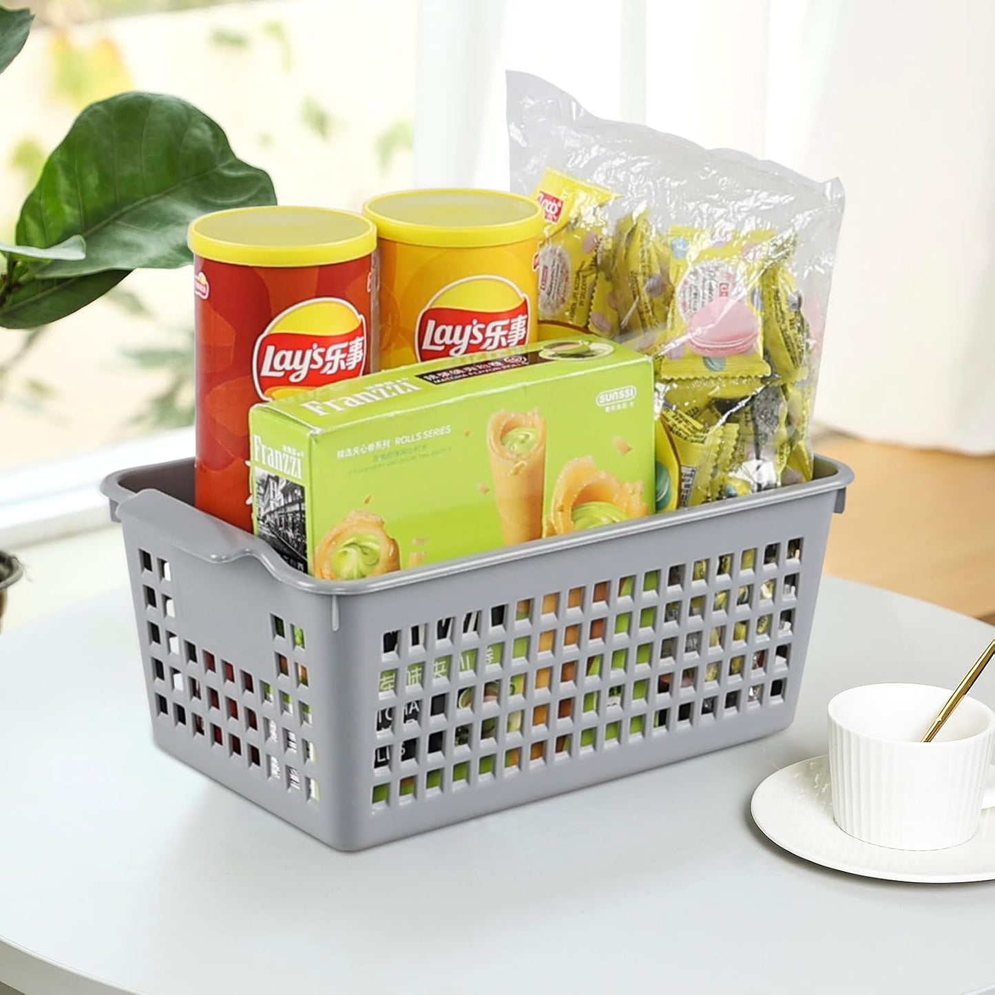 Plastic Storage Baskets, 6 Packs Shelf Kitchen Pantry Organizer Bins, Grey