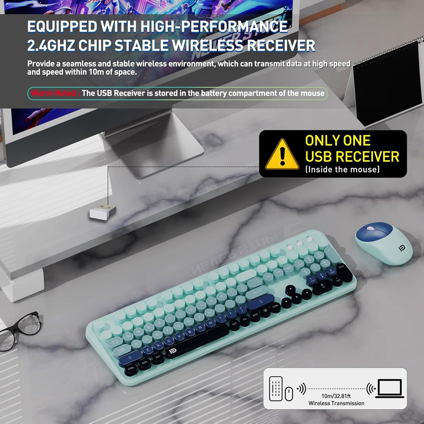 Wireless Keyboard and Mouse Set, 104 Round Keys Full-Size Cute Colorful Keyboard and Mouse with Retro Typewriter for PC/Mac/Laptop/Tablet/Computer/Windows Blue