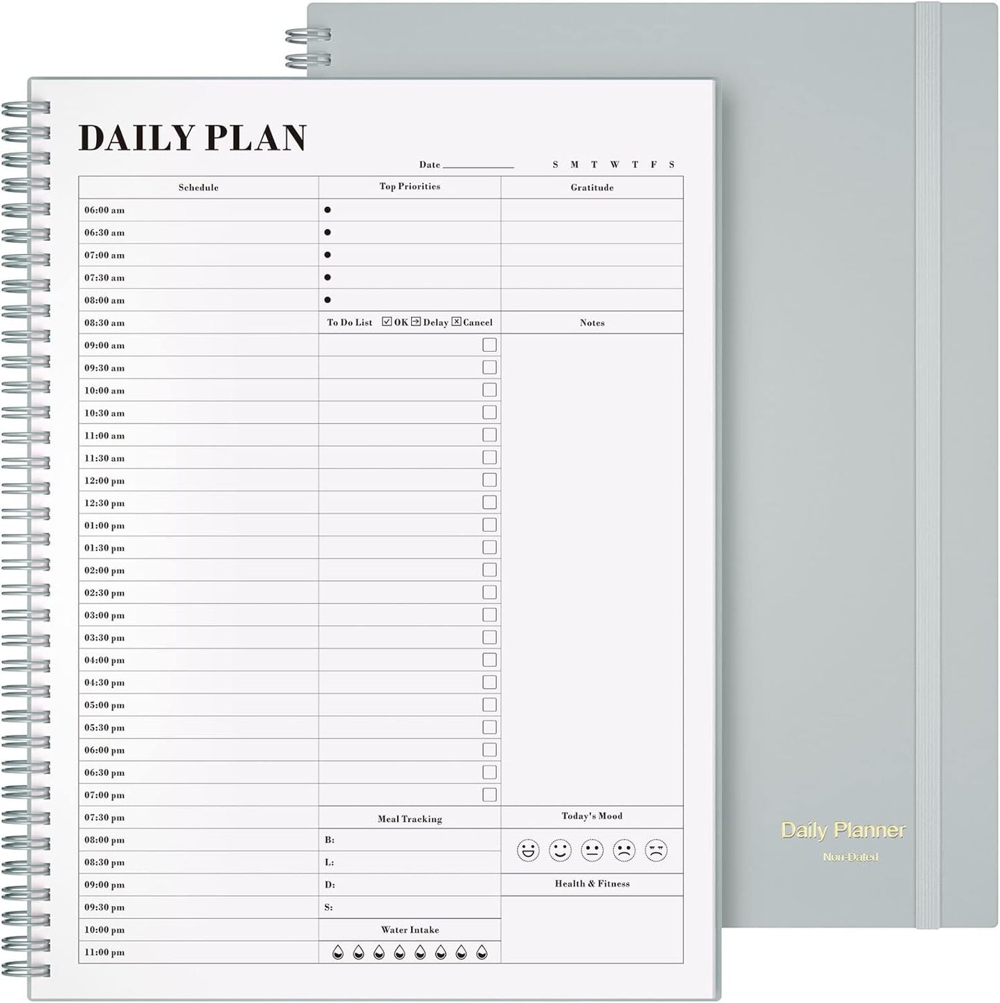 Planner Undated, Asten Daily Planner Agenda with to Do List, Hourly Schedules for Women and Men, Spiral Appointment Book with Elastic Closure, Inner Pocket 8.5" x 11" (Gray)