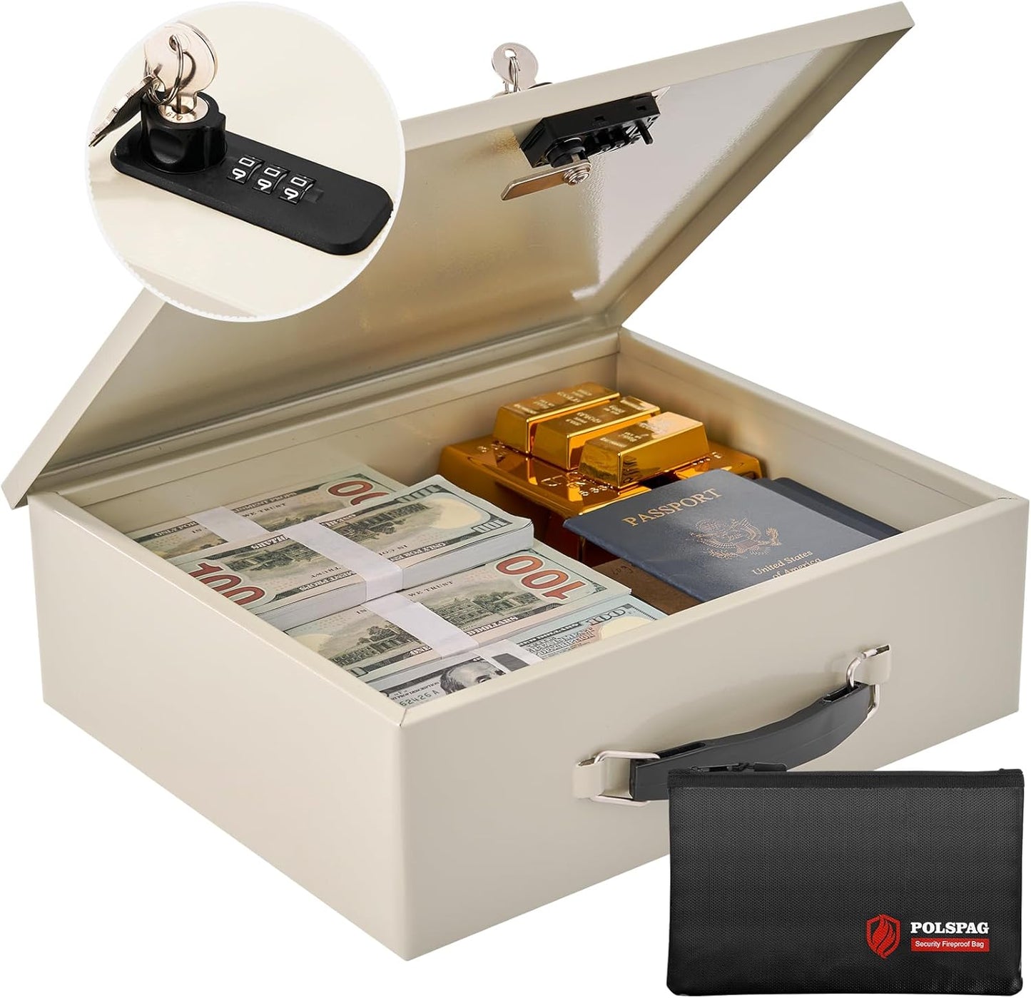 Fireproof Document Box with Key Lock & Fireproof Money Bag,Fire Safe Box for Valuables,Fire Resistance Security Chest,Fireproof Box for Documents,Passport Extra Large (White-Combination, Large)