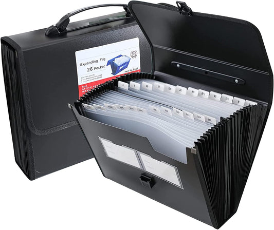 Expanding Accordion File Folder with Labels, 26 Pocket Document Organizer, Letter A4 Size, 1 Pack (Black)