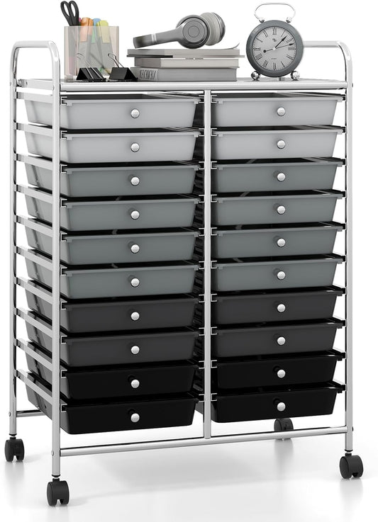 Giantex 20 Drawers Rolling Cart, Mobile Storage Drawer Cart, Classroom Organizer Cart for Office School Supplies Teacher Tools Paper Craft Small Printer, Utility Cart on Wheels, Gradient Grey
