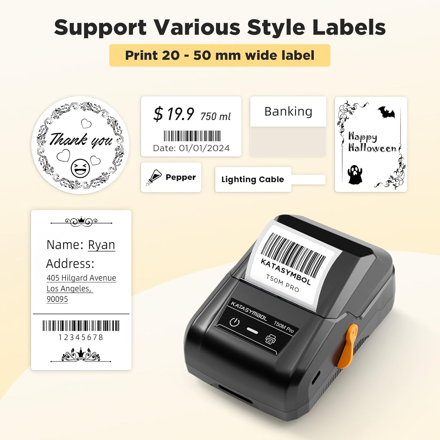 SUPVAN T50M Pro Bluetooth Label Maker Machine with 3 Tapes, Wide Waterproof Label, Versatile App with 40 Fonts and 450+ Icons, Inkless Labeler for Home, Kitchen, School, Office Organization, Black