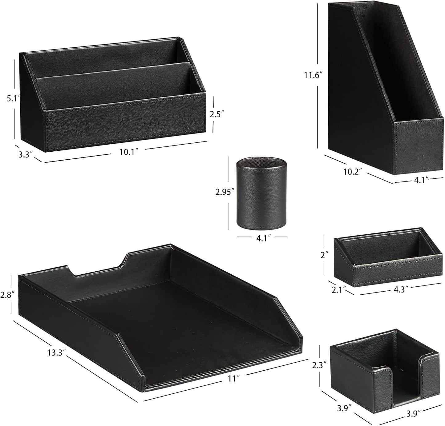 Ayunga PU Leather 6-piece Office Supplies Combination Set,Pencil Cup,Business Card Holder,Sticky Note Dispenser,Mail Sorter,Letter Tray,Files Holder,Suitable for Self-use and Friend Gifts(Black)