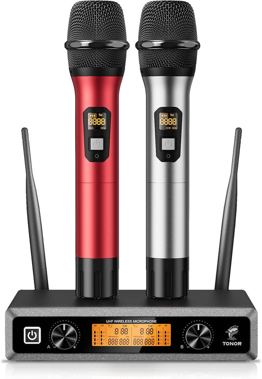TONOR Wireless Microphone System, Professional Metal Cordless Karaoke Microphones, Handheld Dynamic Mic Set with Receiver for Home Party, Meeting, KTV, Church, DJ, Wedding, Singing, 200ft, TW820 Red