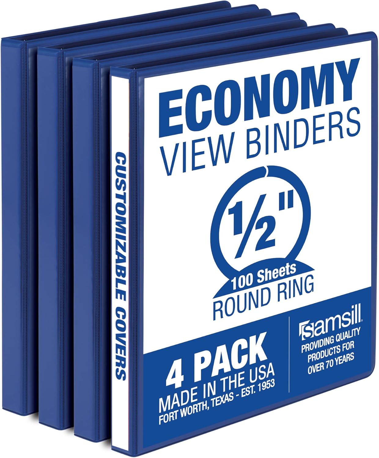 Samsill 0.5 Inch 3 Ring Binder, Made in USA, Economy Round Ring, Clear View Cover, 100 Sheet Capacity - for School, Home, Office - Blue, 4 Pack